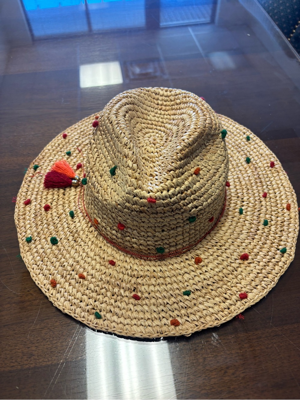 Ladies  Straw Sun Hat with Colorful Tassels - Natural